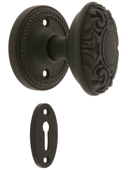 Rope Rosette Mortise Lock Set With Decorative Oval Knobs in Oil-Rubbed Bronze finish.
